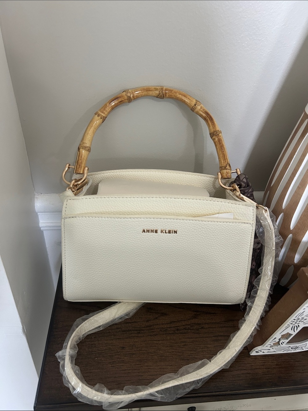 Anne Klein White Pebble Leather Satchel with Bamboo Top Handle and Scarf Accent